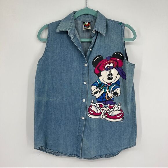 VTG Mickey Unlimited Jerry Leigh Blue Chambray Button Down Sleeveless Shirt - Picture 1 of 10